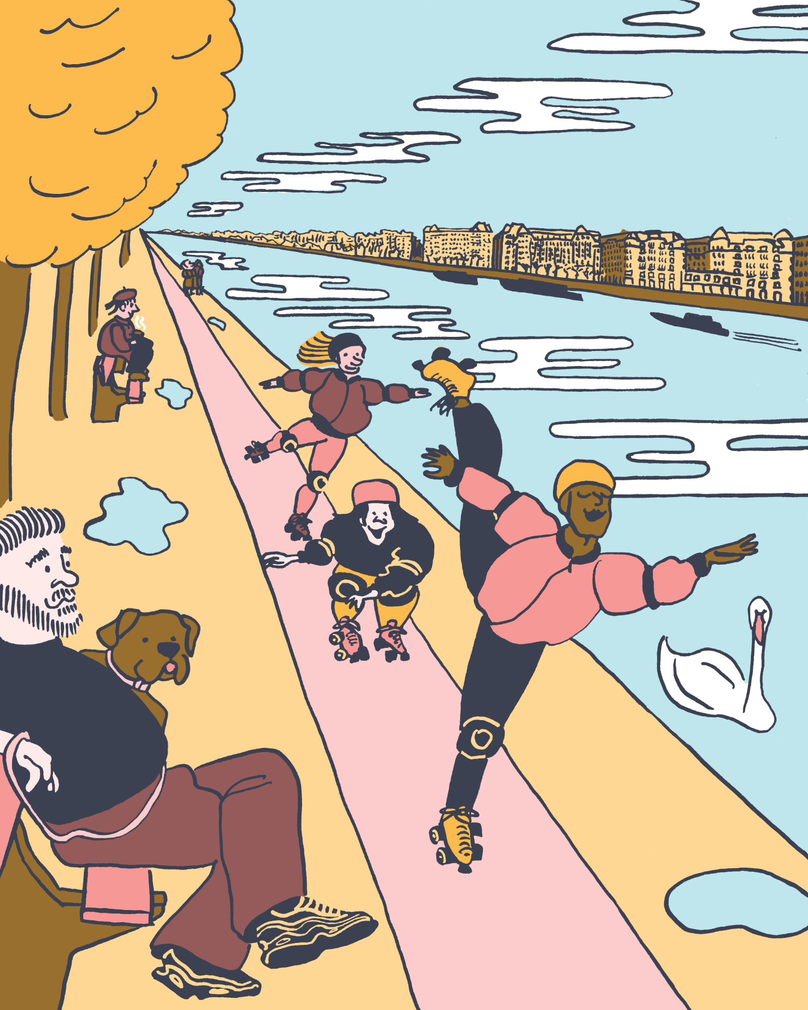 Illustration of people enjoying themselves on the riverbank of the Danube